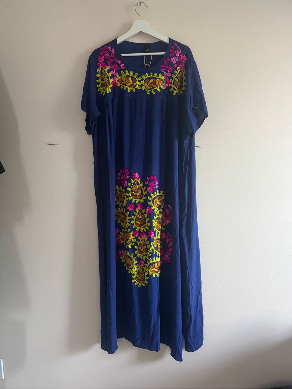 Riviera Sun Navy Maxi Dress with Pink & Yellow Embroidery, Size 2X